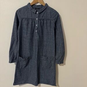 A.P.C. Chambray Denim Long Sleeve Popover Midi Dress Blue Pockets Western-34